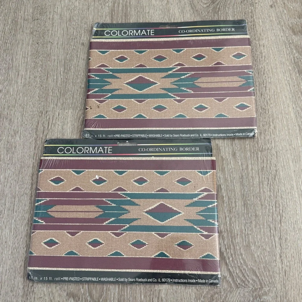 Vintage Colormate Southwestern Wallpaper Border 2 Rolls Teal Burgundy 1995 Sears